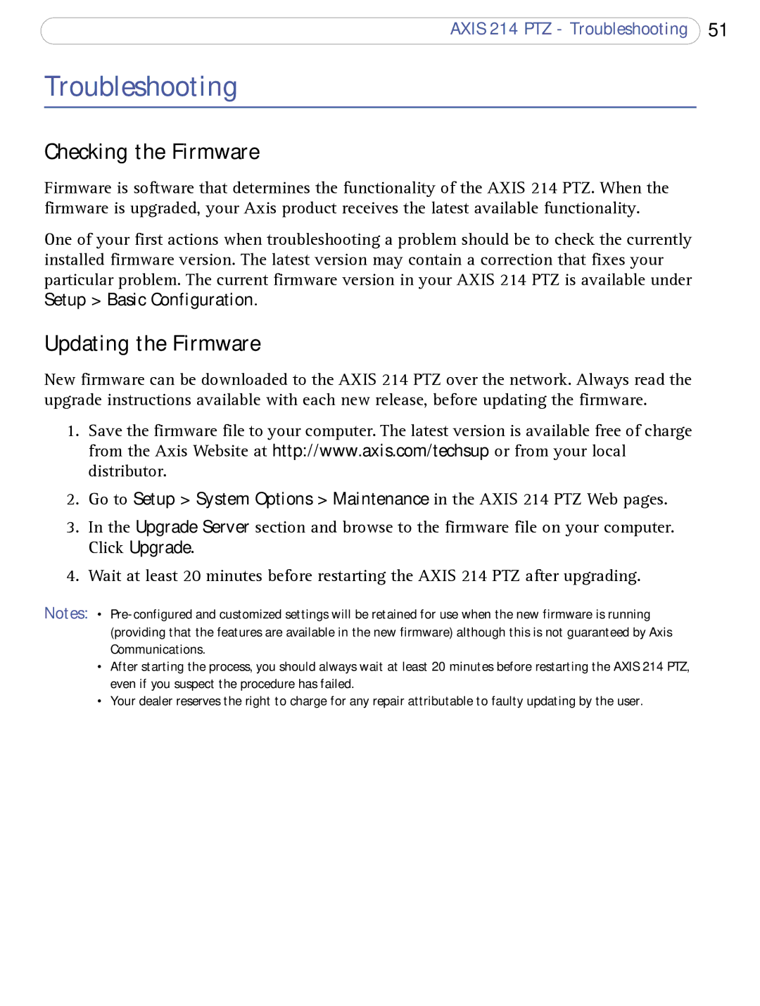 Axis Communications AXIS 214 PTZ Troubleshooting, Checking the Firmware, Updating the Firmware, Setup Basic Configuration 