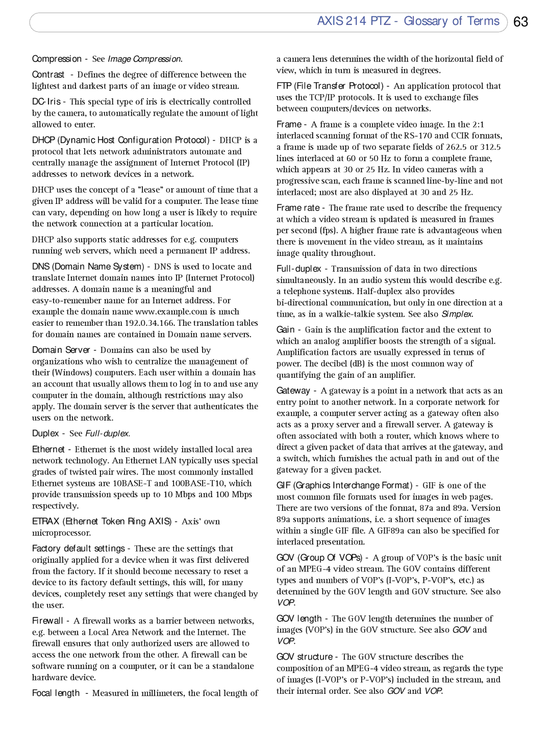 Axis Communications AXIS 214 PTZ user manual Compression See Image Compression 