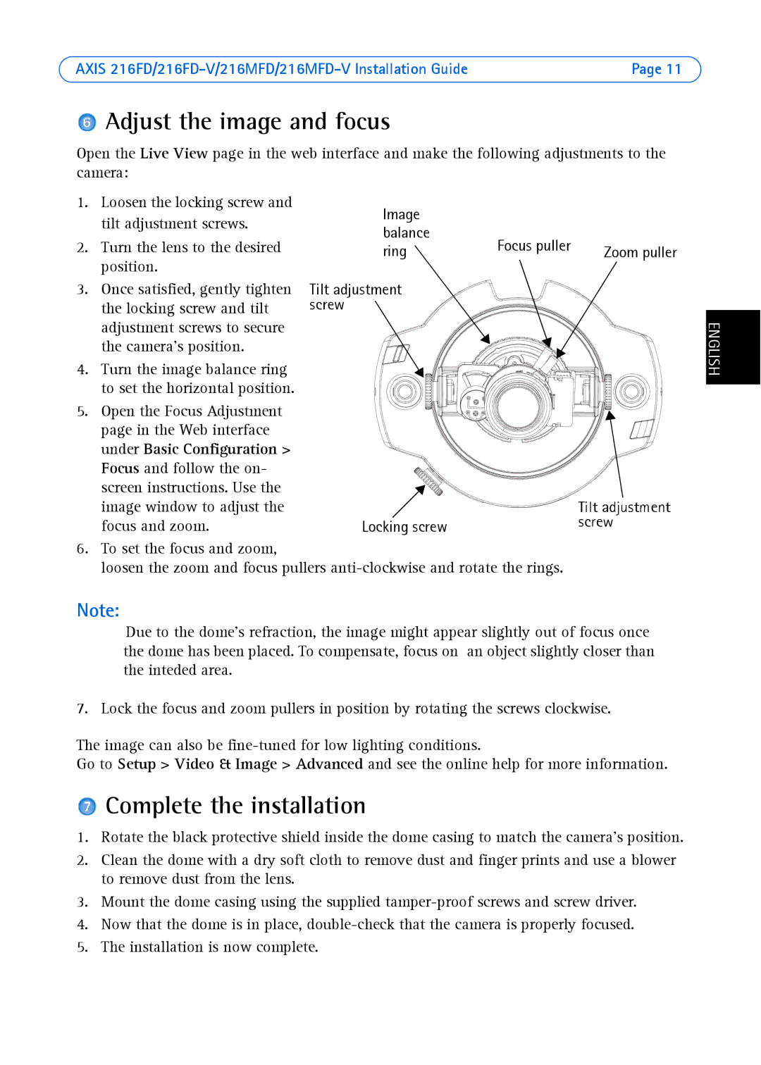 Axis Communications AXIS 216FD-V Adjust the image and focus, Complete the installation, Position, Locking screw Screw 