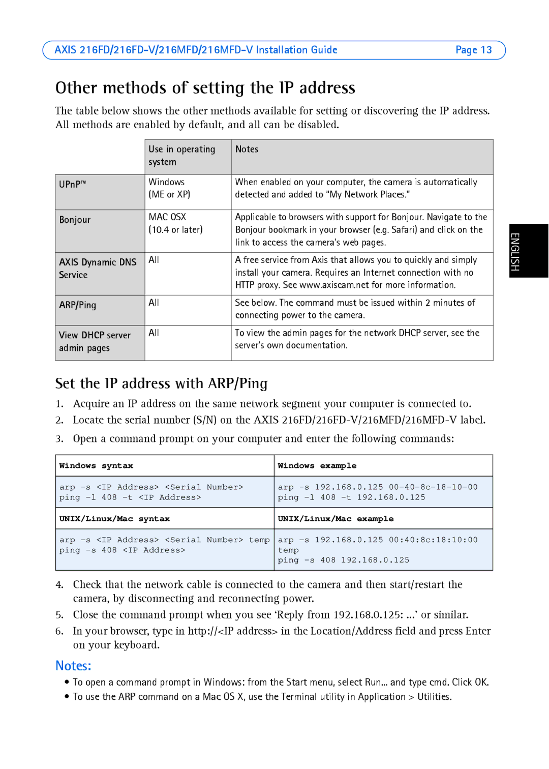 Axis Communications AXIS 216MFD, Axis 216MFD-V Other methods of setting the IP address, Set the IP address with ARP/Ping 