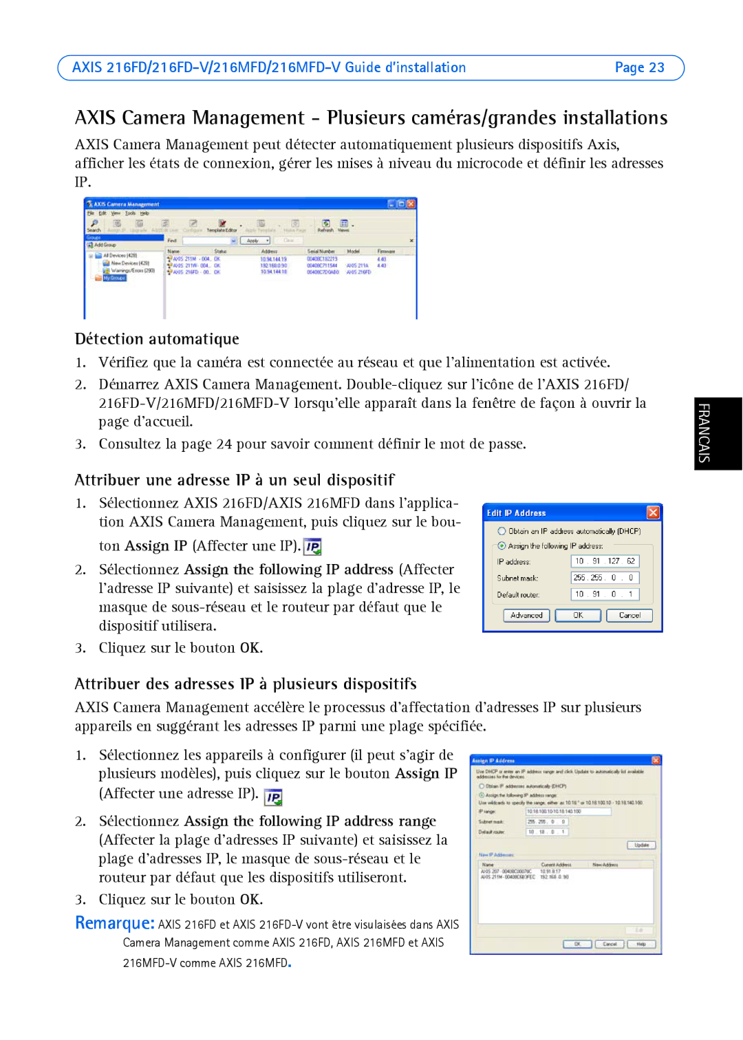 Axis Communications AXIS 216FD-V, Axis 216MFD-V Attribuer une adresse IP à un seul dispositif, Cliquez sur le bouton OK 