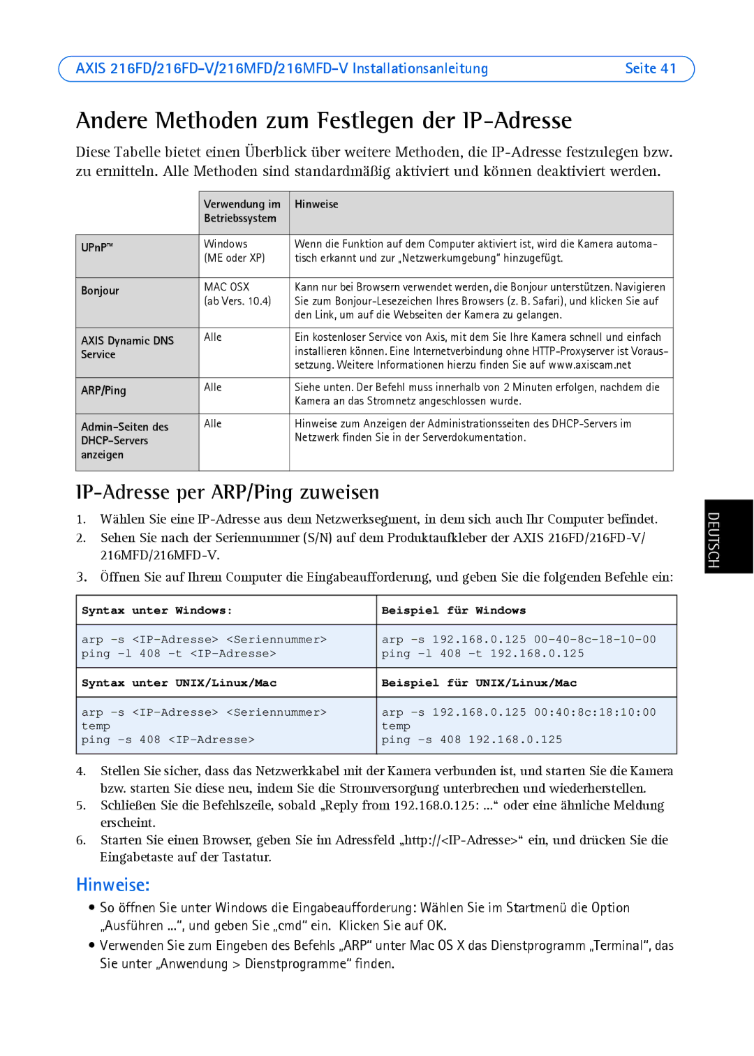 Axis Communications AXIS 216MFD, AXIS 216FD Andere Methoden zum Festlegen der IP-Adresse, IP-Adresse per ARP/Ping zuweisen 