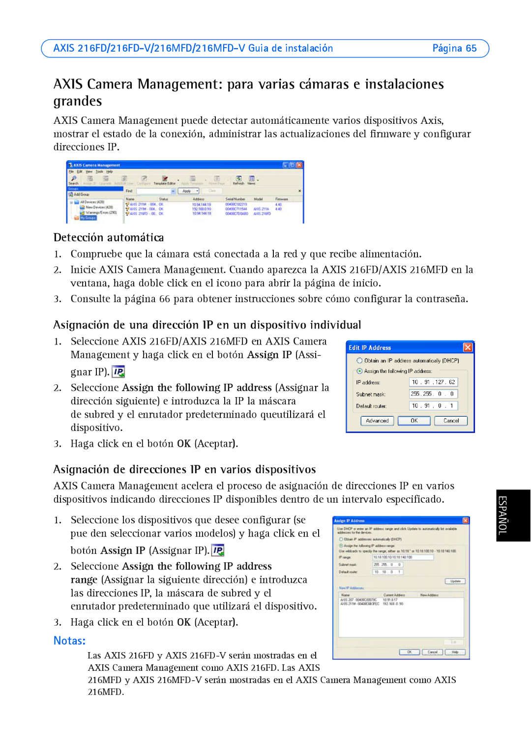 Axis Communications AXIS 216MFD, Axis 216MFD-V, AXIS 216FD manual Asignación de una dirección IP en un dispositivo individual 