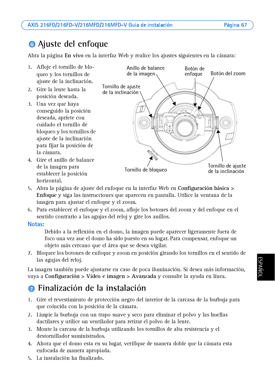 Axis Communications AXIS 216FD-V, Axis 216MFD-V Ajuste del enfoque, Finalización de la instalación, De la imagen Enfoque 