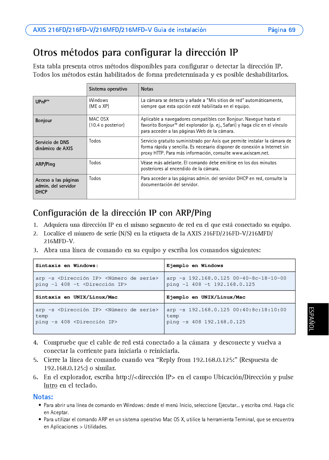 Axis Communications AXIS 216MFD, Axis 216MFD-V, AXIS 216FD-V manual Otros métodos para configurar la dirección IP 