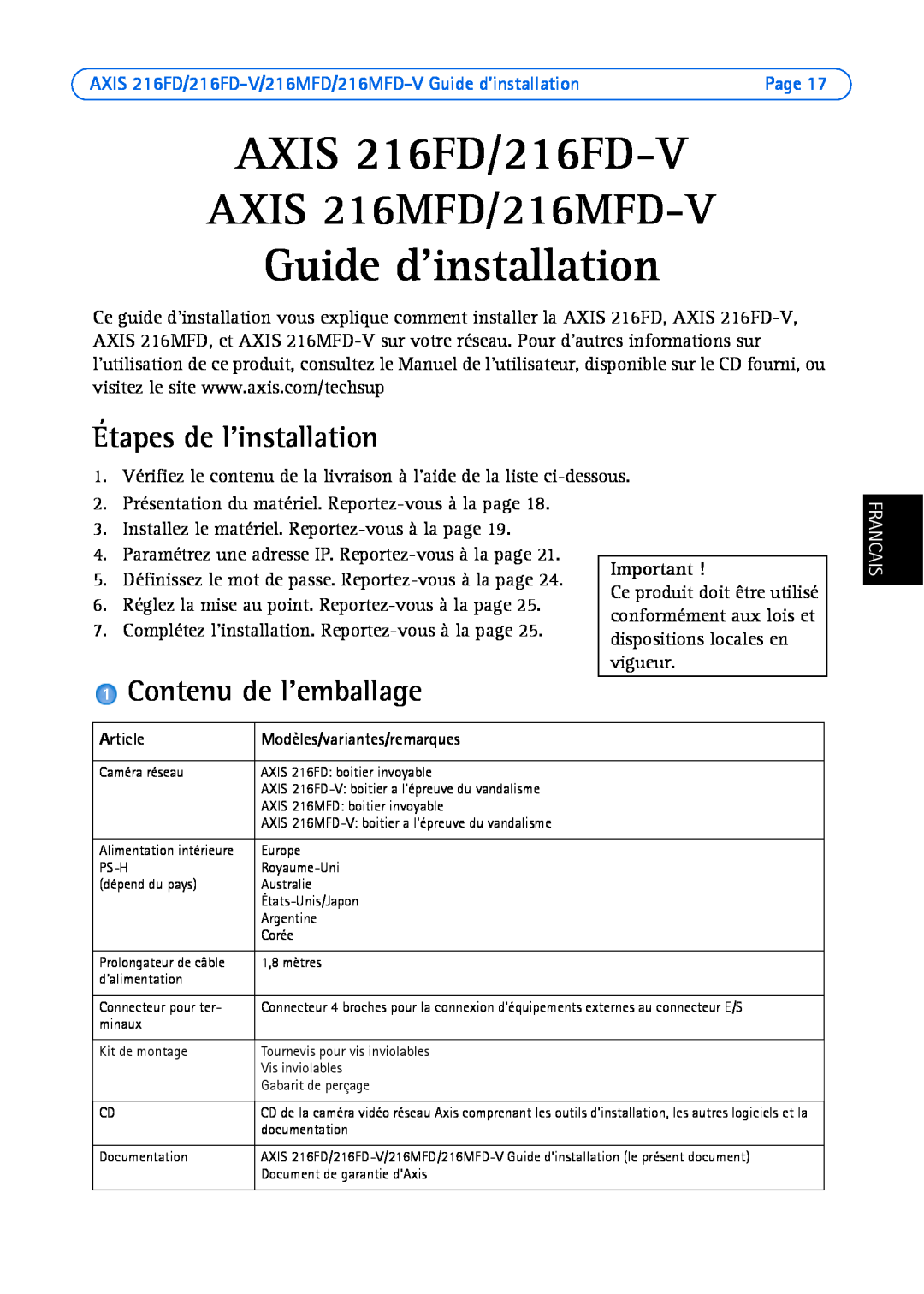 Axis Communications AXIS 216MFD AXIS 216FD/216FD-V, Guide dinstallation, Étapes de linstallation, Contenu de lemballage 