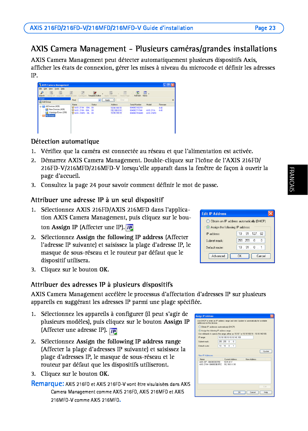 Axis Communications AXIS 216FD-V manual Attribuer une adresse IP à un seul dispositif, Détection automatique, Francais 