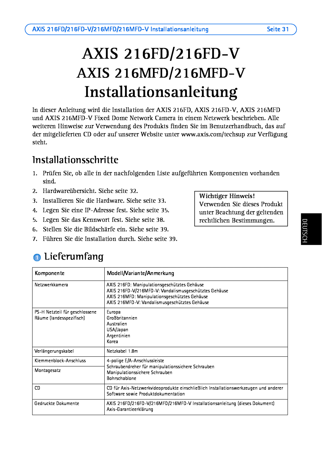 Axis Communications AXIS 216FD-V Installationsanleitung, AXIS 216MFD/216MFD-V, Installationsschritte, Lieferumfang, Seite 