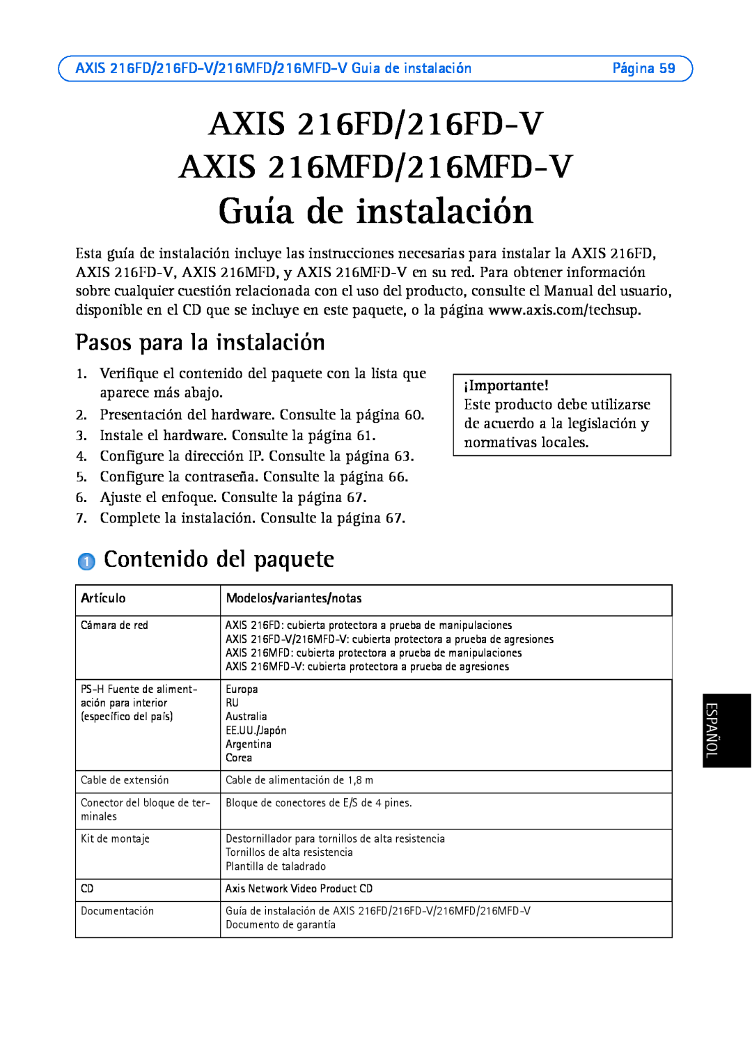 Axis Communications AXIS 216FD-V manual Guía de instalación, Pasos para la instalación, Contenido del paquete, ¡Importante 