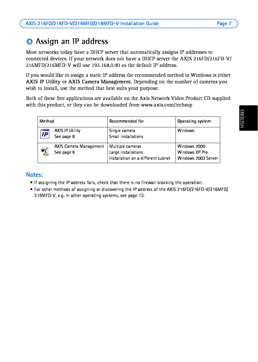 Axis Communications AXIS 216FD-V Assign an IP address, AXIS 216FD/216FD-V/216MFD/216MFD-V Installation Guide, English 