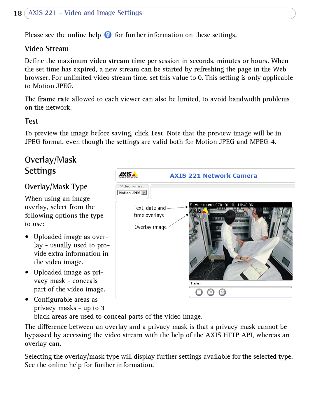 Axis Communications AXIS 221 user manual Overlay/Mask Settings, Video Stream, Test, Overlay/Mask Type 