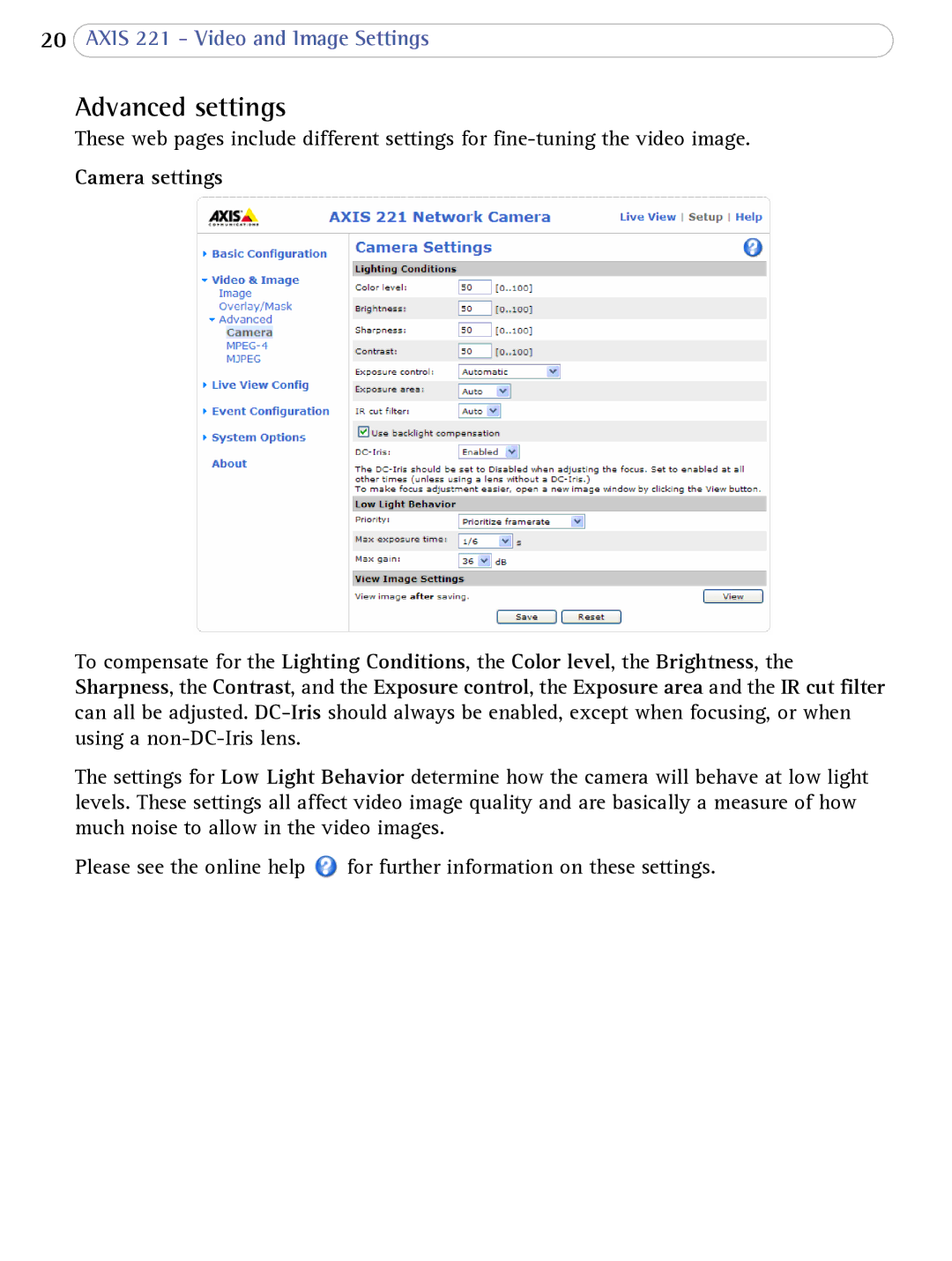 Axis Communications AXIS 221 user manual Advanced settings, Camera settings 