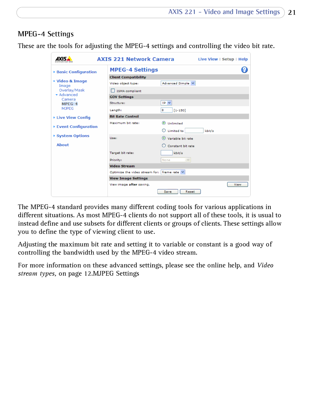 Axis Communications AXIS 221 user manual MPEG-4 Settings 