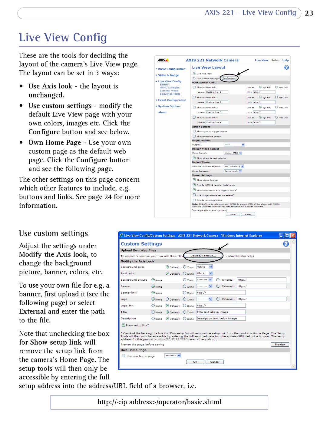 Axis Communications AXIS 221 user manual Live View Config, Use custom settings 