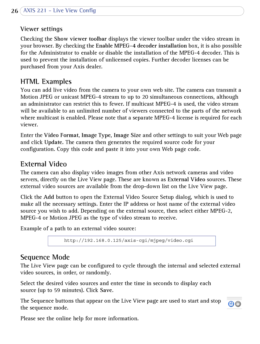 Axis Communications AXIS 221 user manual Html Examples, External Video, Sequence Mode, Viewer settings 