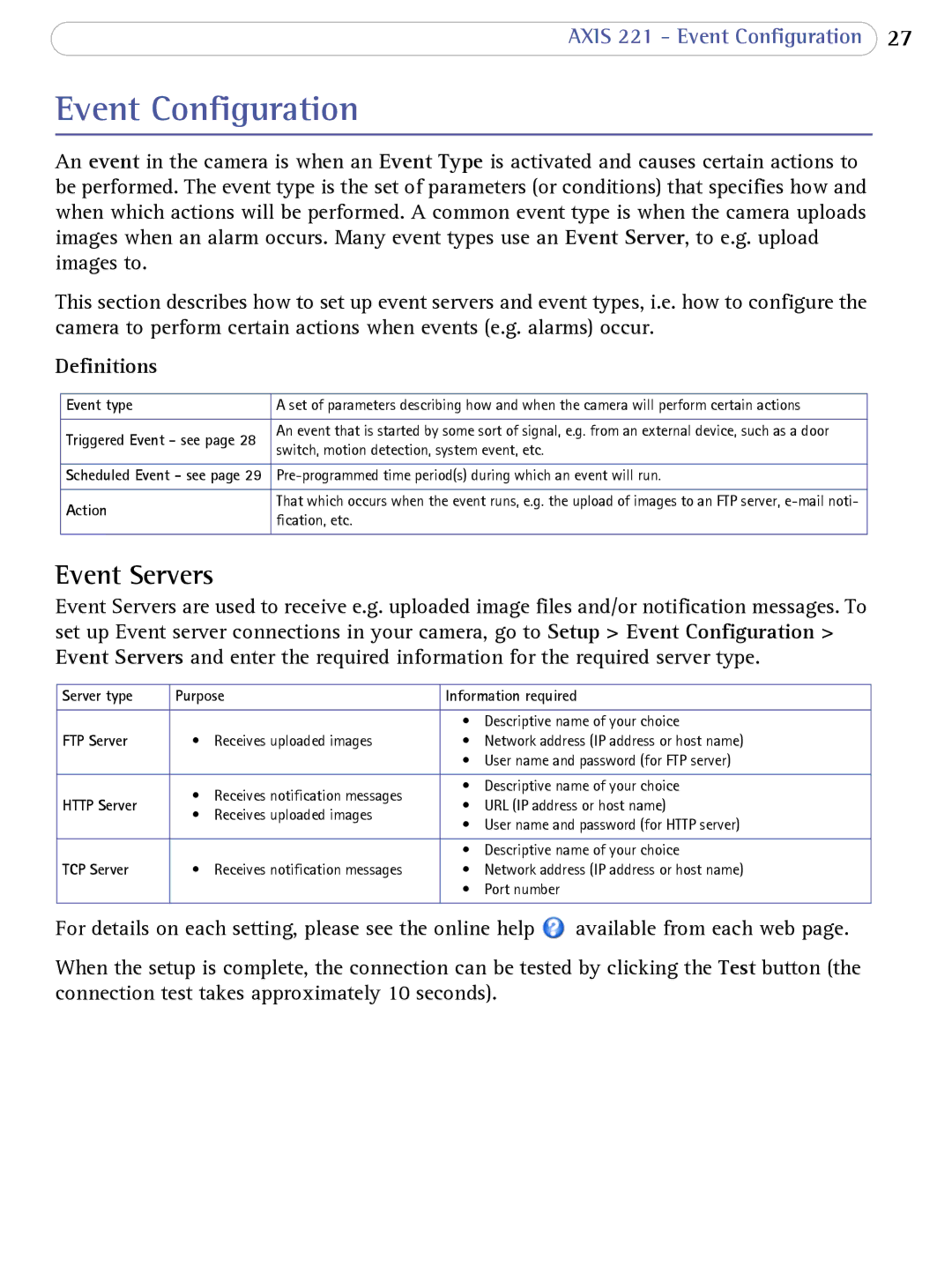 Axis Communications AXIS 221 user manual Event Configuration, Event Servers, Definitions 