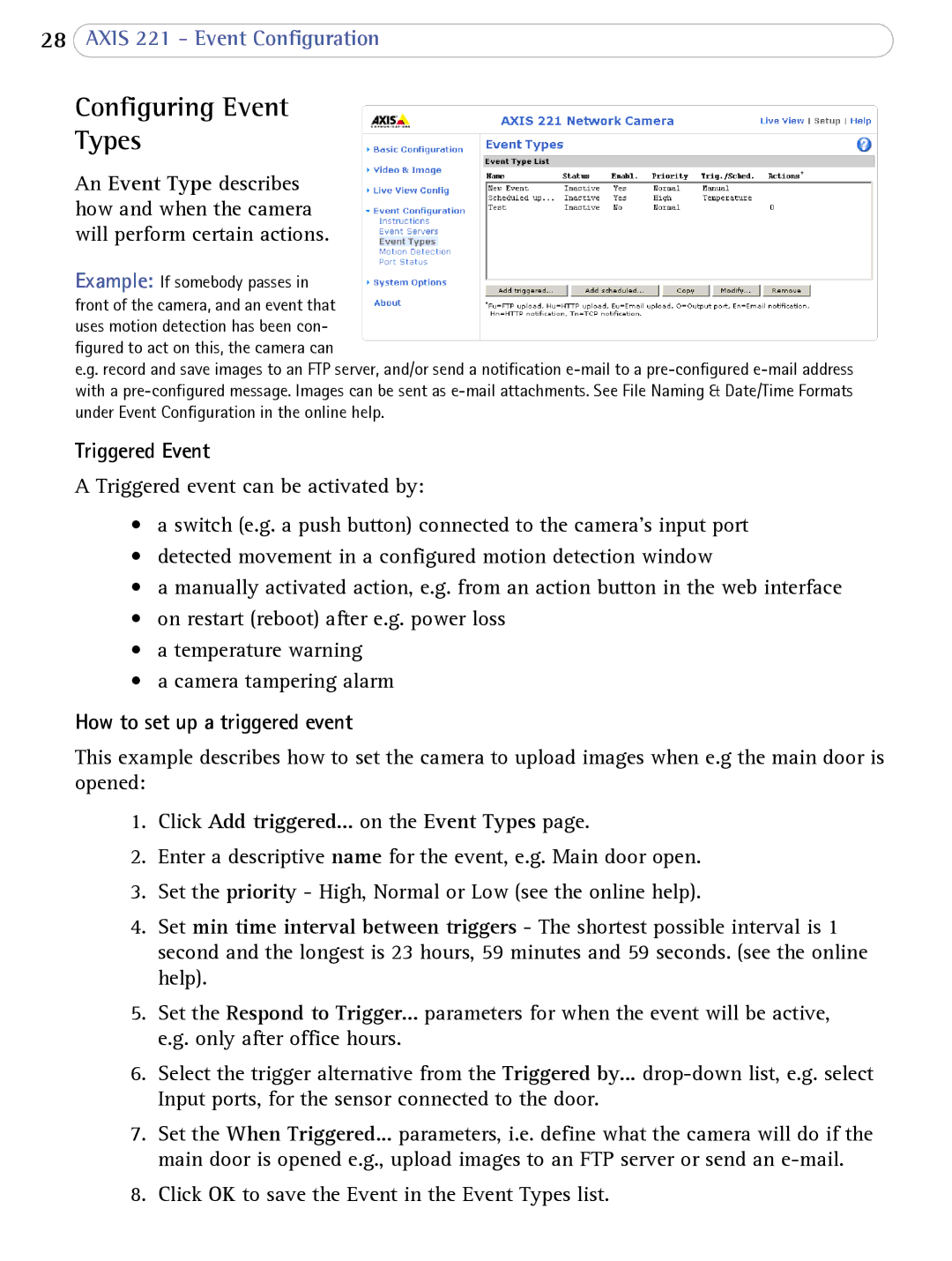 Axis Communications AXIS 221 user manual Configuring Event Types, Triggered Event, How to set up a triggered event 