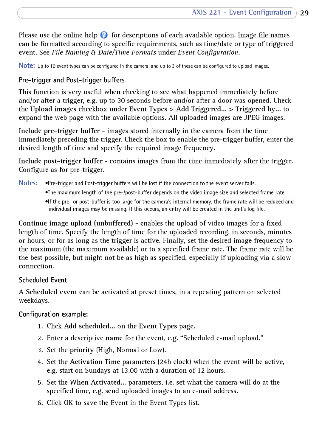 Axis Communications AXIS 221 user manual Pre-trigger and Post-trigger buffers, Scheduled Event 