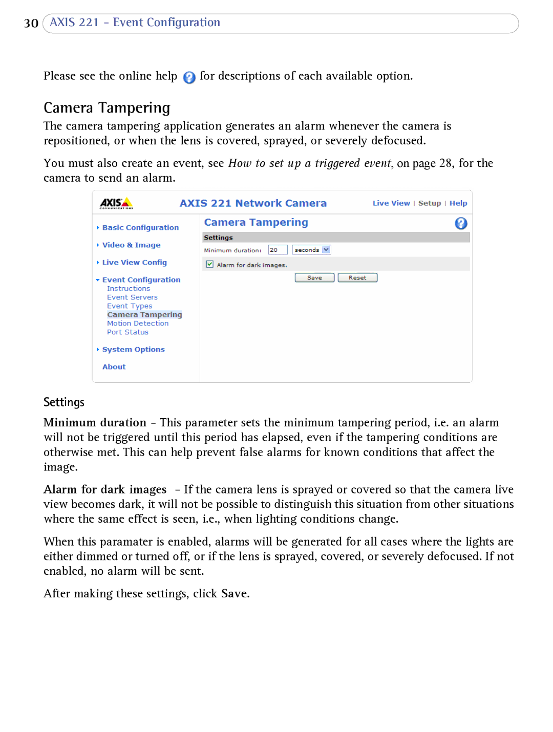 Axis Communications AXIS 221 user manual Camera Tampering, Settings 