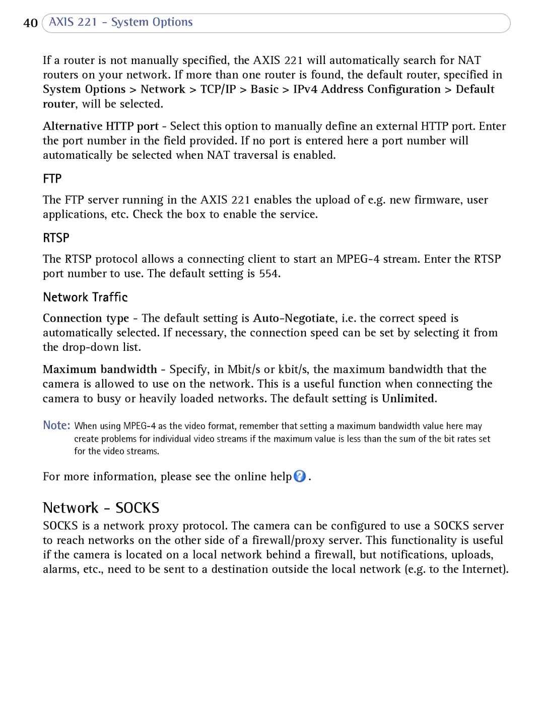 Axis Communications AXIS 221 user manual Network Socks, Network Traffic 