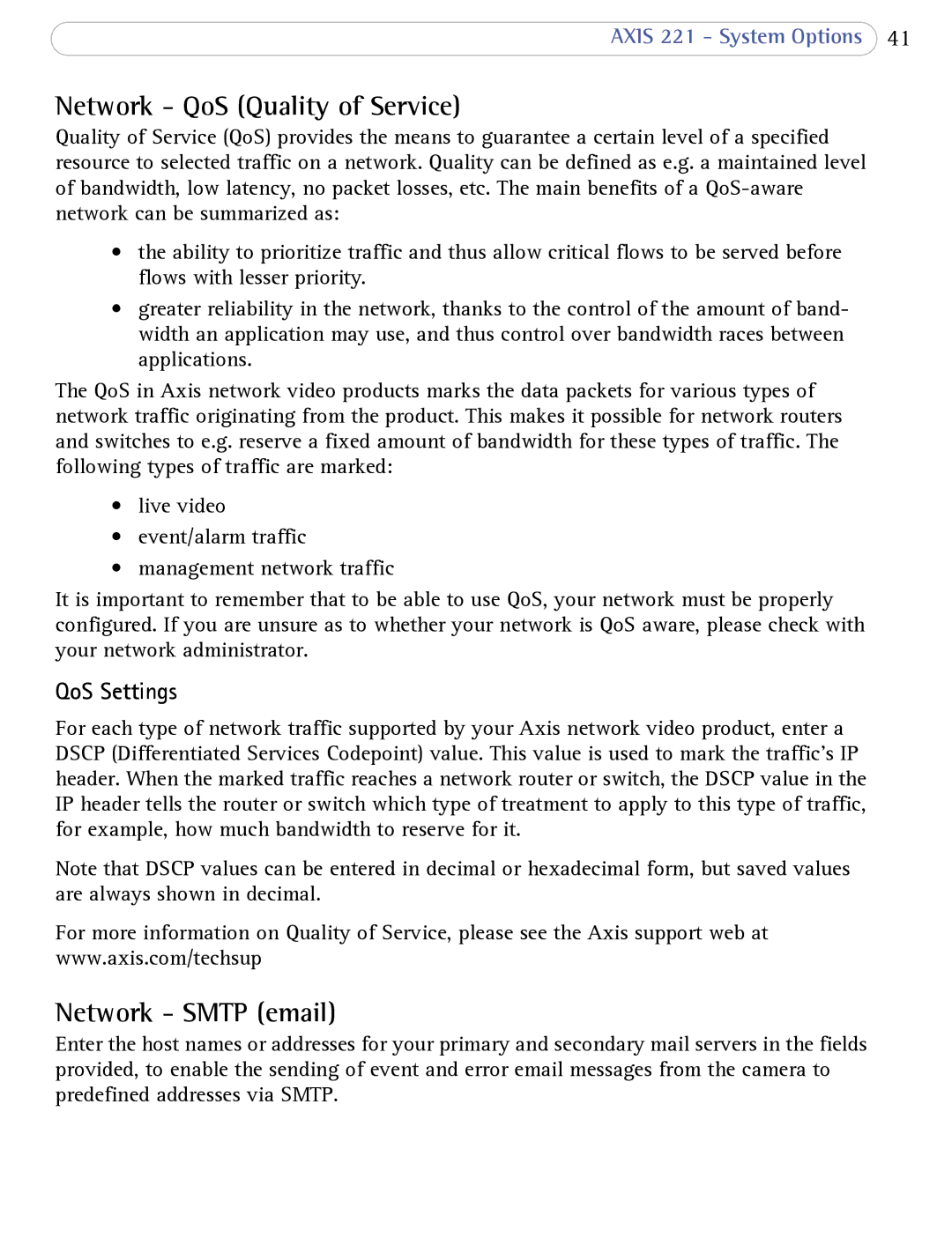 Axis Communications AXIS 221 user manual Network QoS Quality of Service, Network Smtp email, QoS Settings 