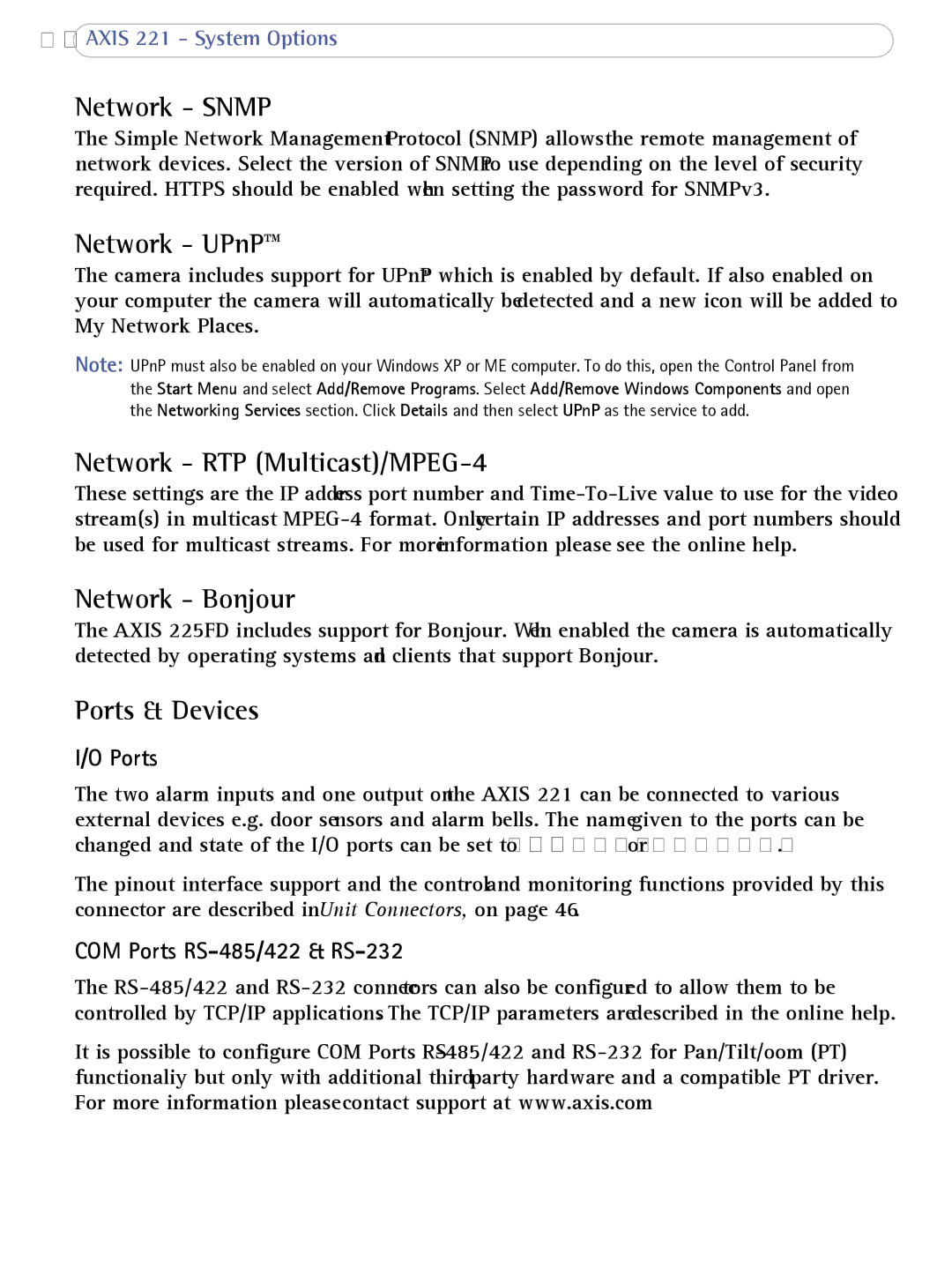 Axis Communications AXIS 221 Network Snmp, Network UPnP, Network RTP Multicast/MPEG-4, Network Bonjour, Ports & Devices 