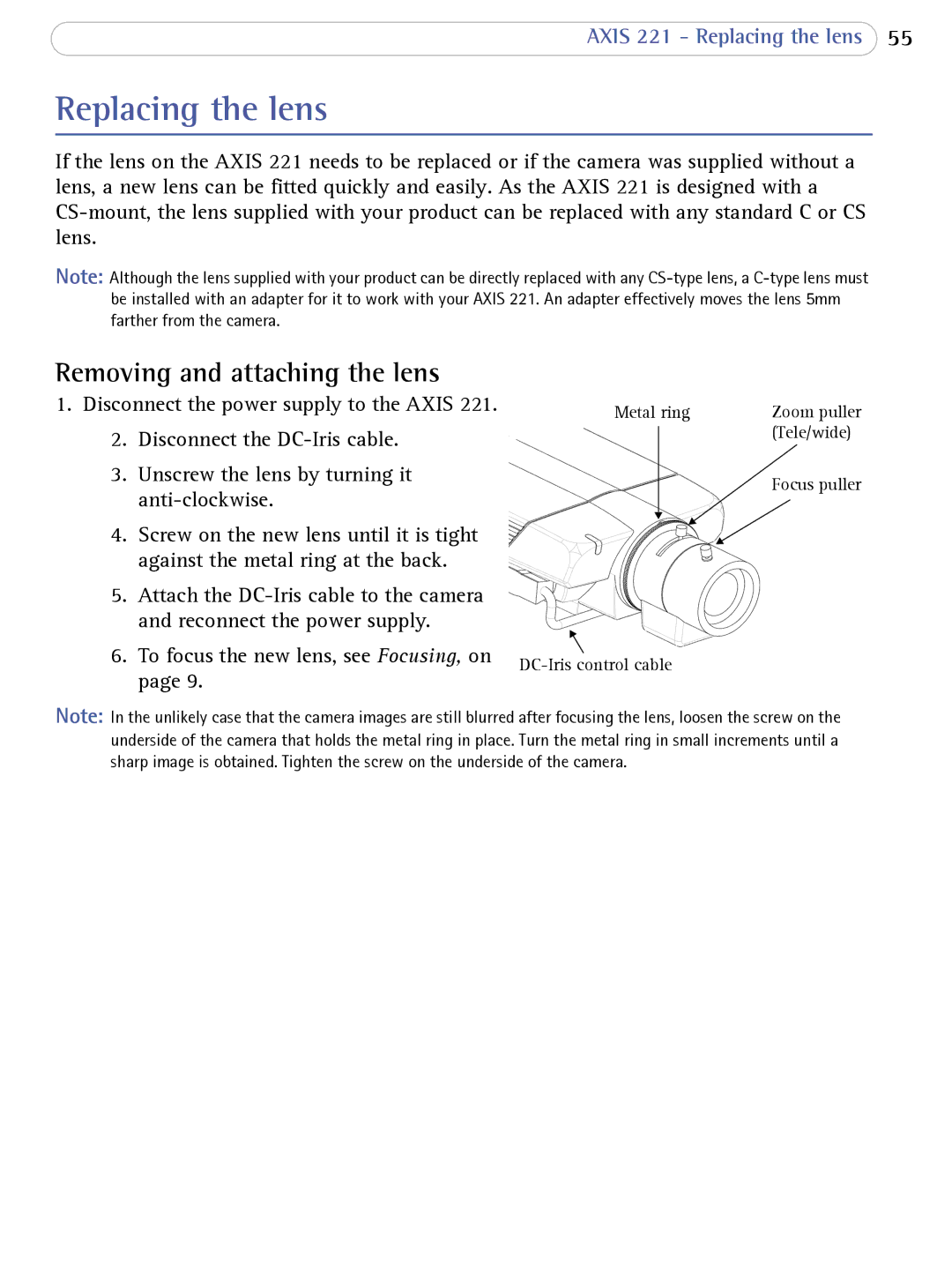 Axis Communications AXIS 221 user manual Replacing the lens, Removing and attaching the lens 