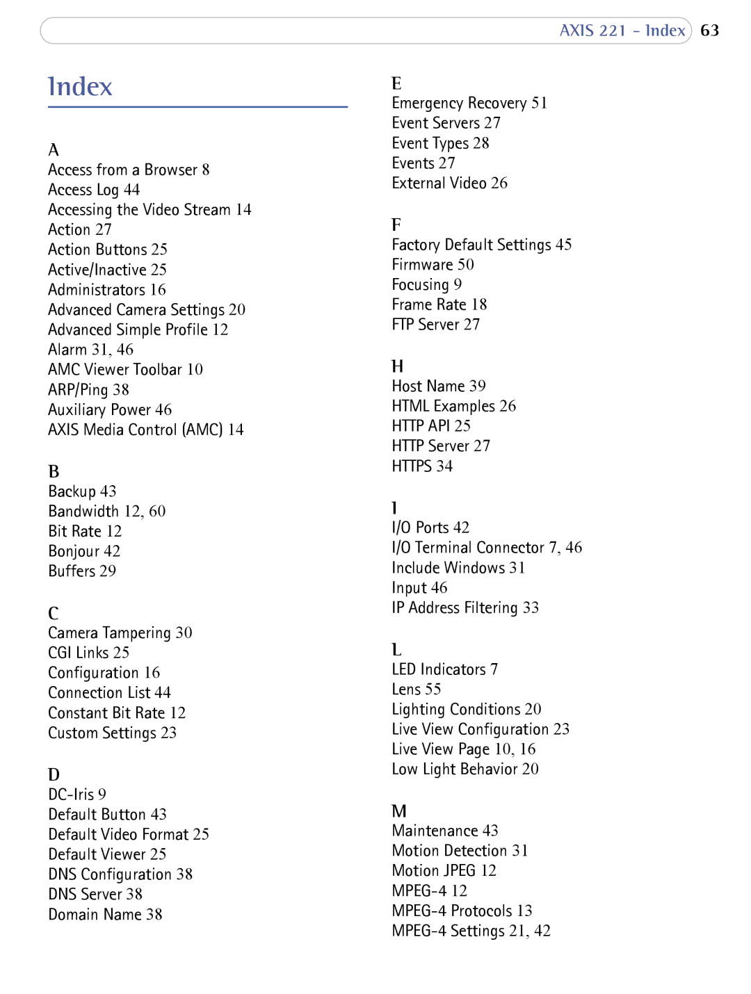 Axis Communications AXIS 221 user manual Axis 221 Index 