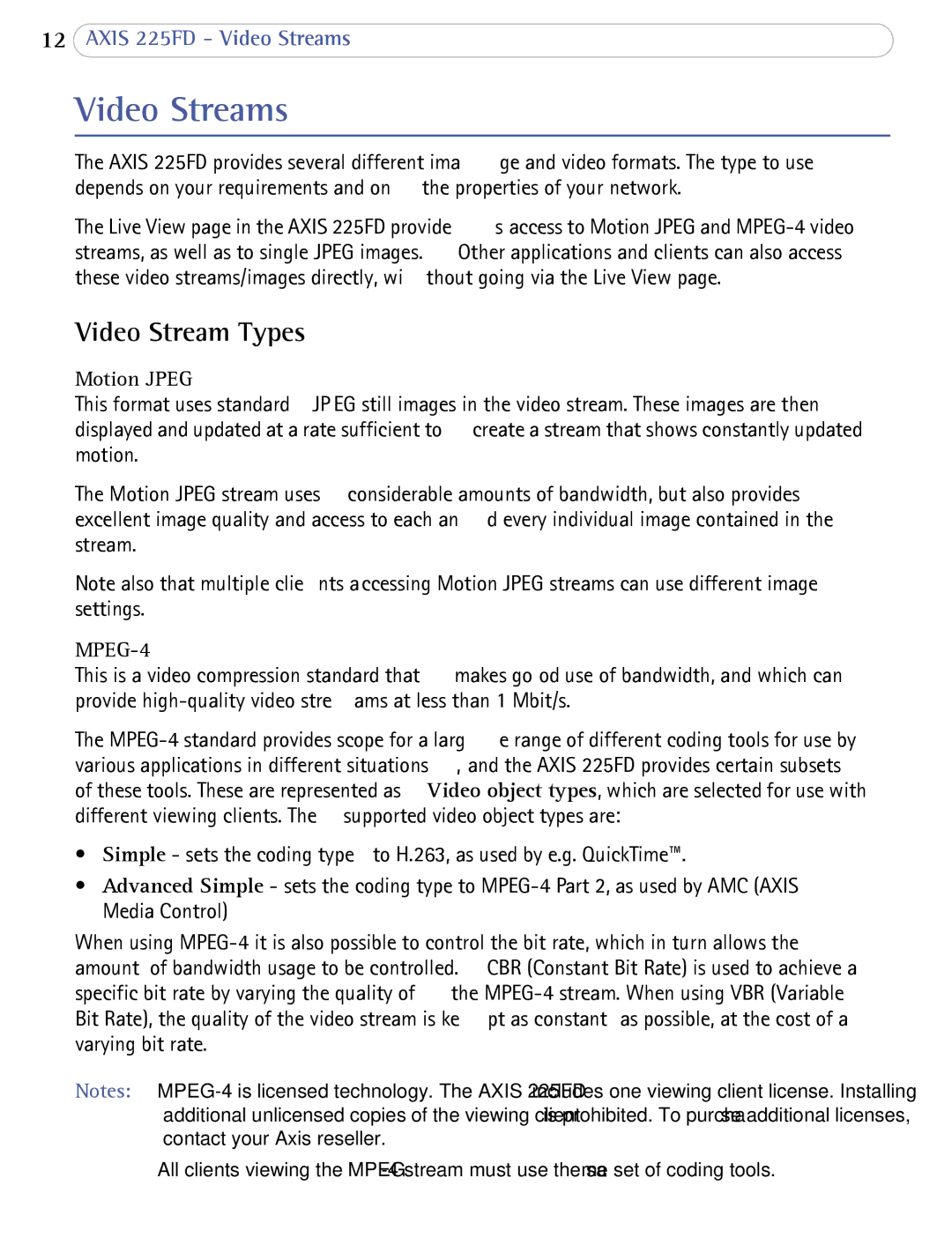 Axis Communications AXIS 225FD user manual Video Streams, Video Stream Types, Motion Jpeg 