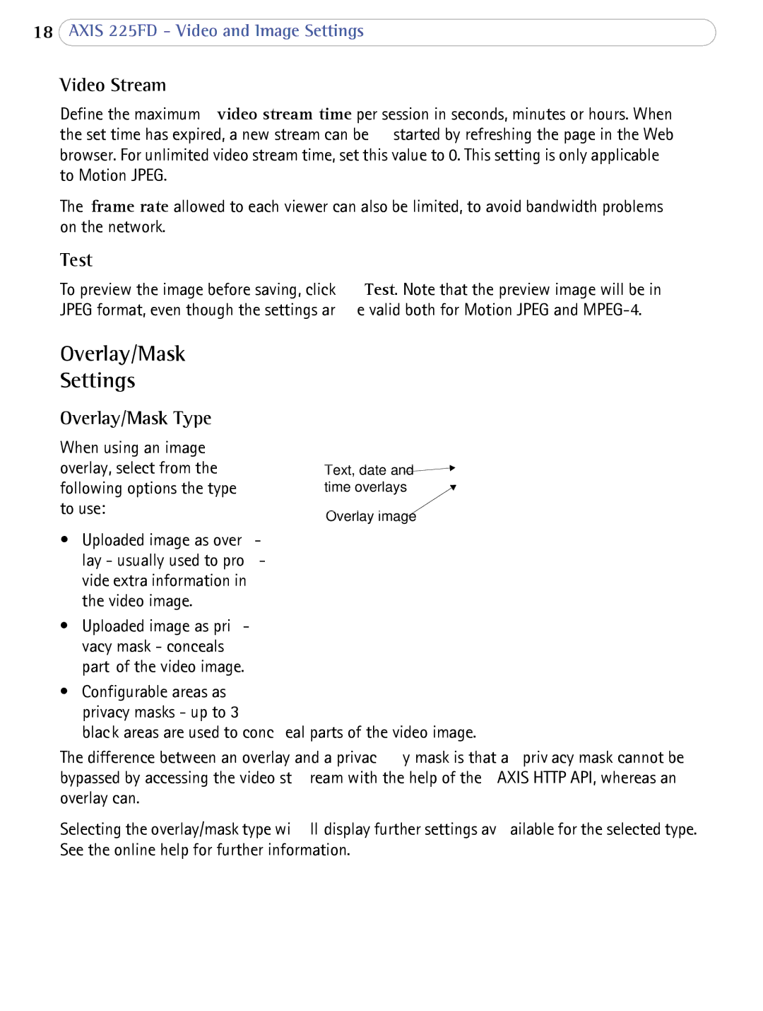 Axis Communications AXIS 225FD user manual Overlay/Mask Settings, Video Stream, Test, Overlay/Mask Type 