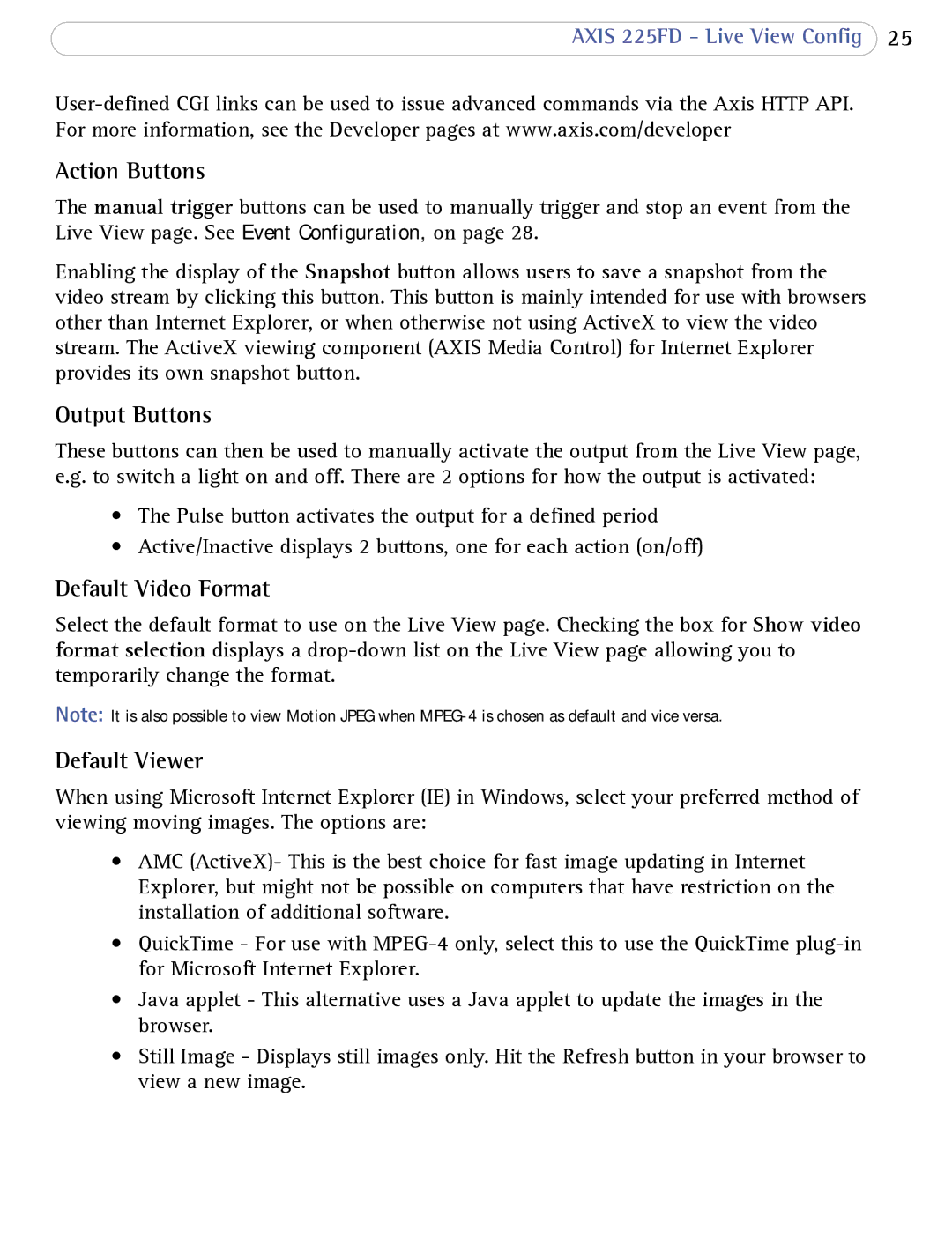Axis Communications AXIS 225FD user manual Action Buttons, Output Buttons, Default Video Format, Default Viewer 