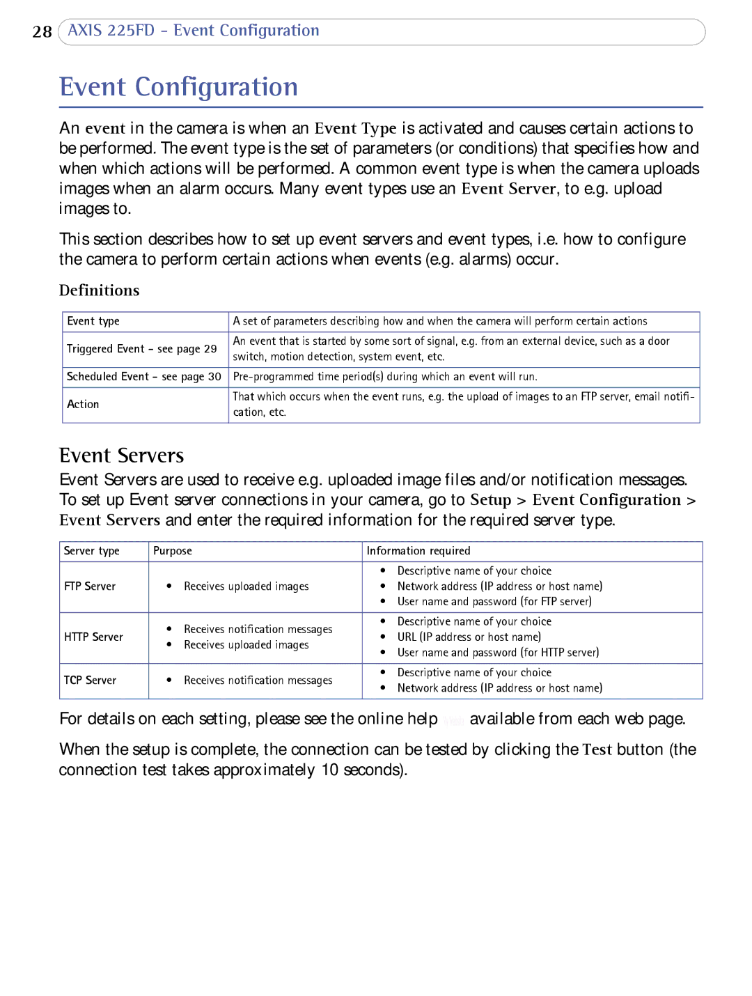 Axis Communications AXIS 225FD user manual Event Configuration, Event Servers, Definitions 