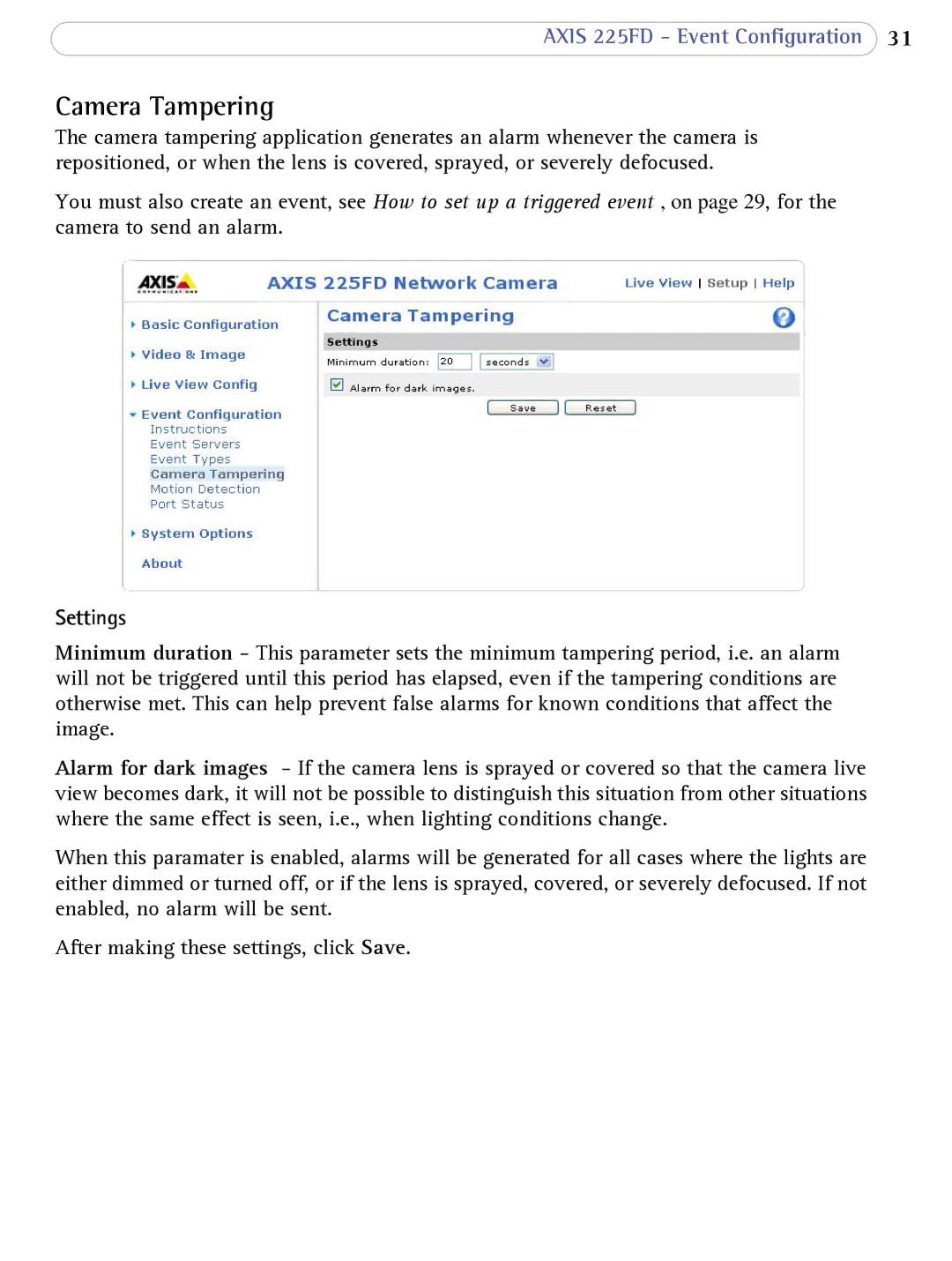 Axis Communications AXIS 225FD user manual Camera Tampering, Settings 