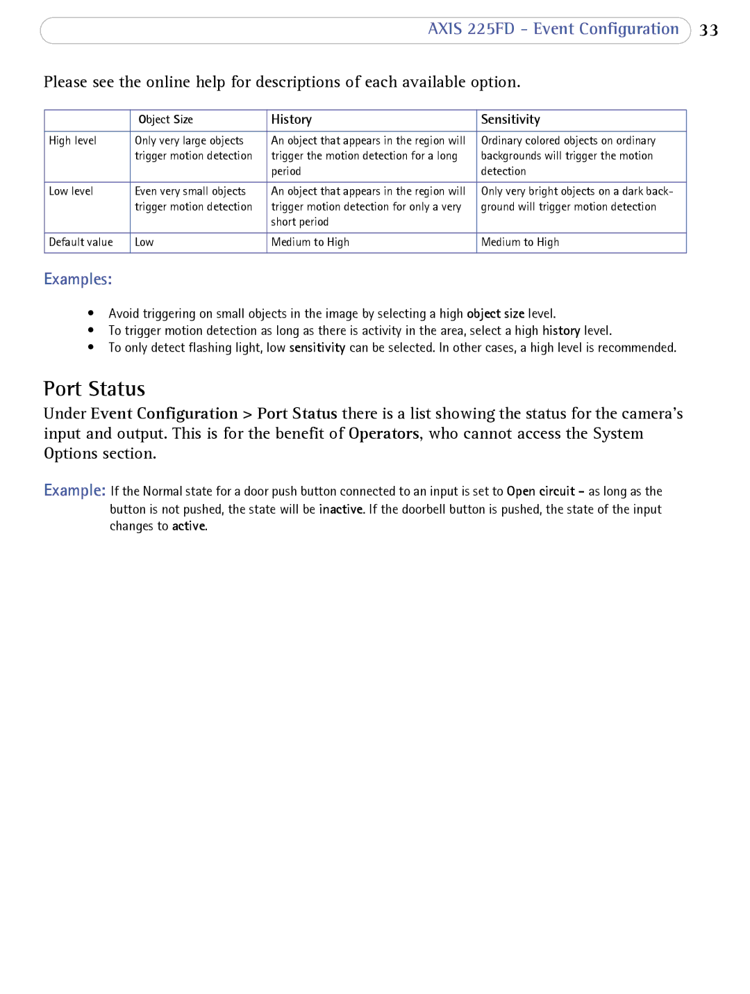 Axis Communications AXIS 225FD user manual Port Status, Object Size 