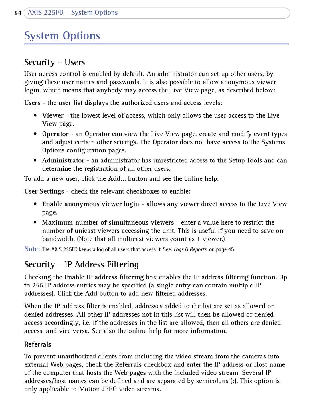 Axis Communications AXIS 225FD user manual System Options, Security Users, Security IP Address Filtering, Referrals 
