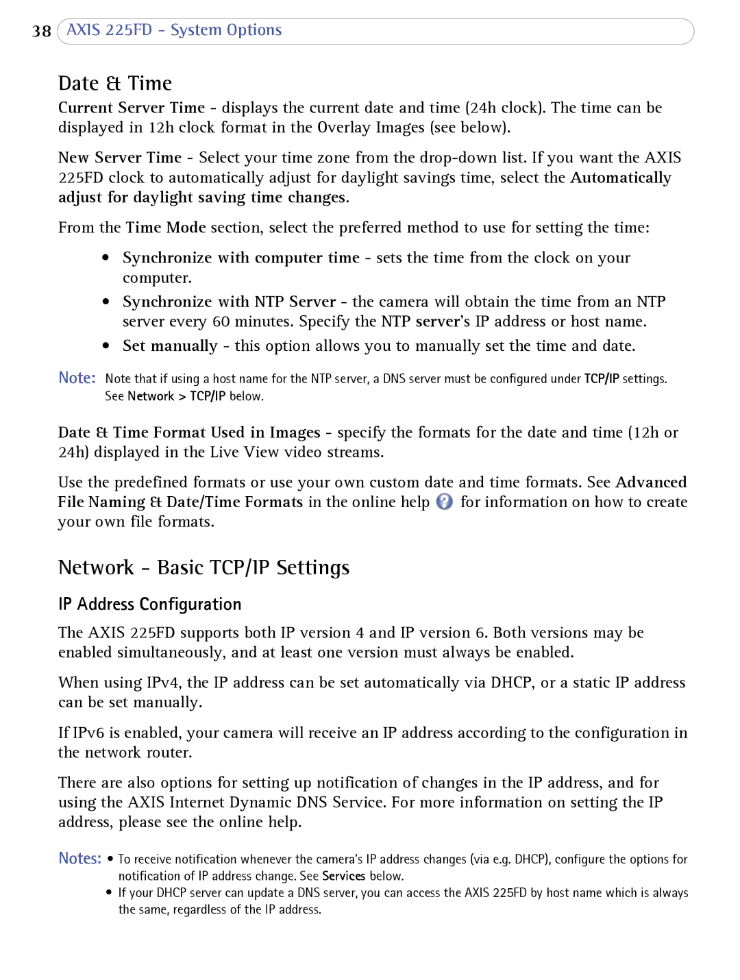 Axis Communications AXIS 225FD user manual Date & Time, Network Basic TCP/IP Settings, IP Address Configuration 