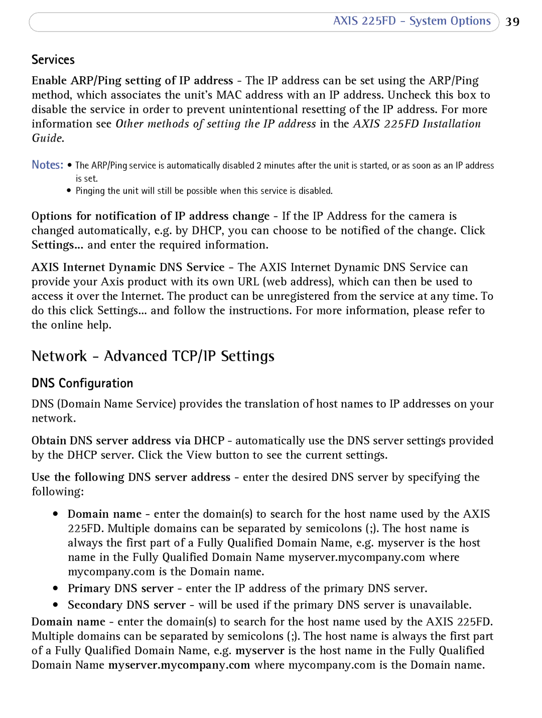 Axis Communications AXIS 225FD user manual Network Advanced TCP/IP Settings, Services, DNS Configuration 