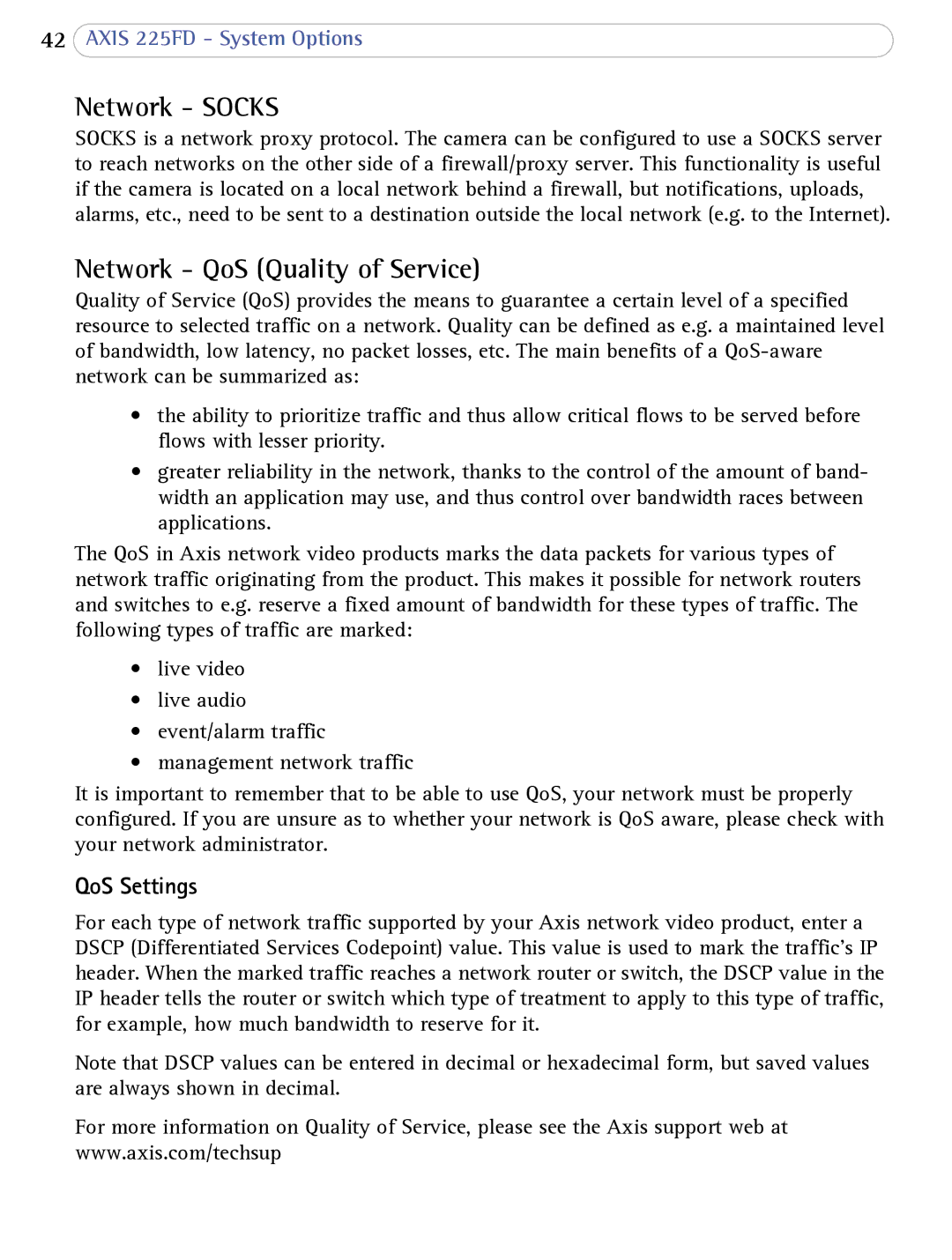 Axis Communications AXIS 225FD user manual Network Socks, Network QoS Quality of Service, QoS Settings 