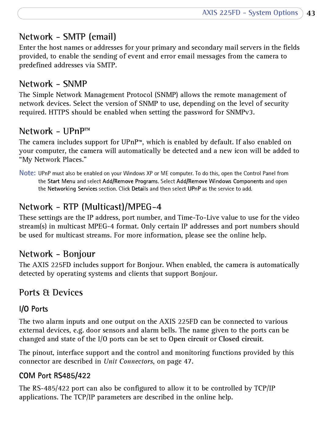 Axis Communications AXIS 225FD user manual Network Smtp email, Network Snmp, Network UPnP, Network RTP Multicast/MPEG-4 