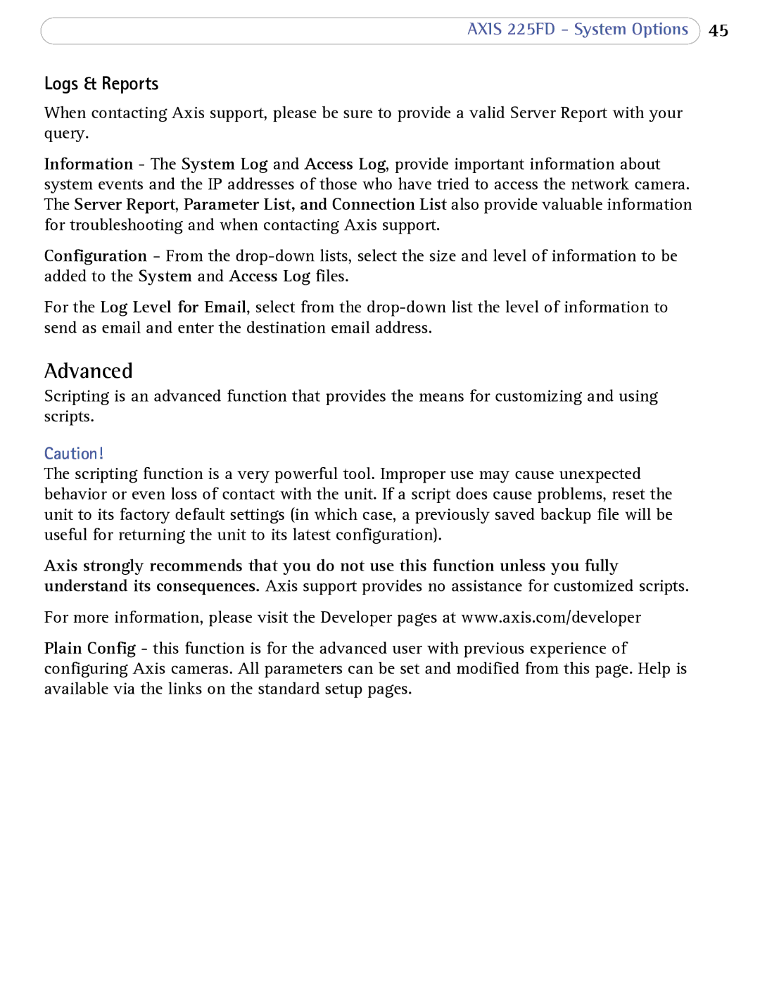 Axis Communications AXIS 225FD user manual Advanced, Logs & Reports 