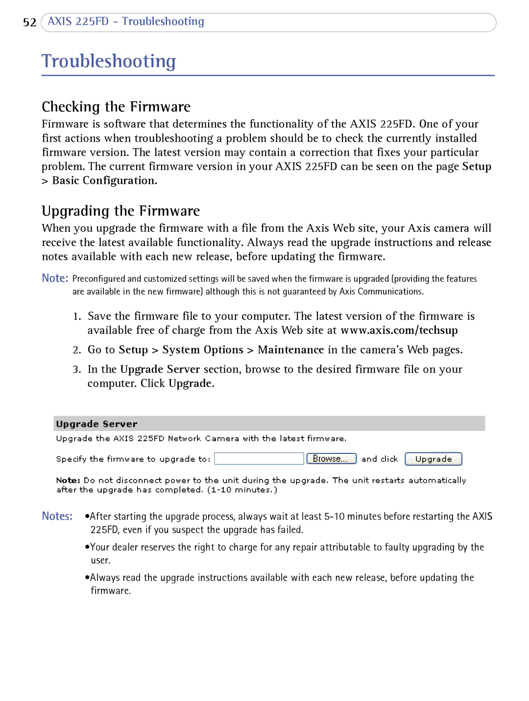 Axis Communications AXIS 225FD user manual Troubleshooting, Checking the Firmware, Upgrading the Firmware 