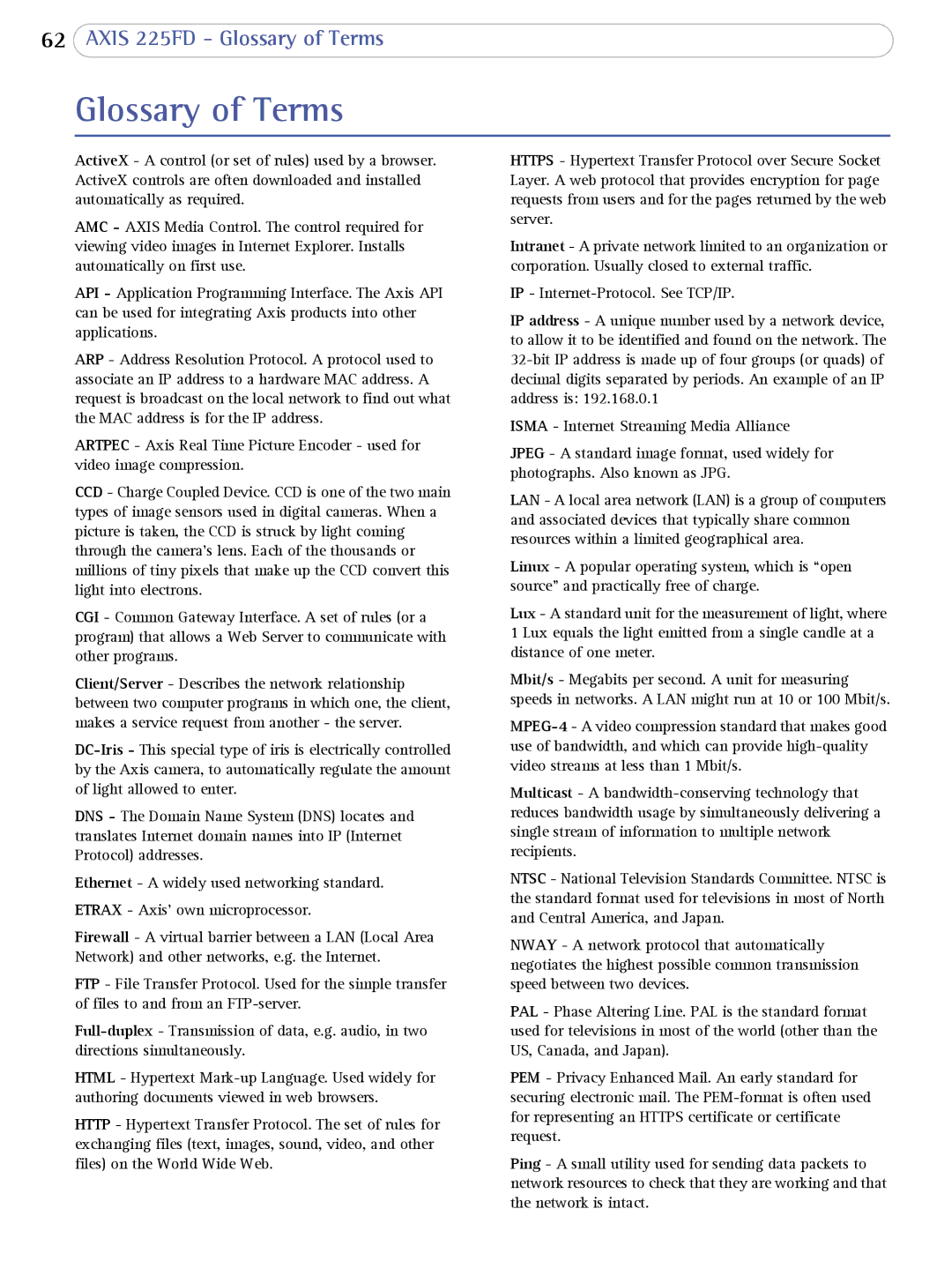 Axis Communications AXIS 225FD user manual Glossary of Terms 