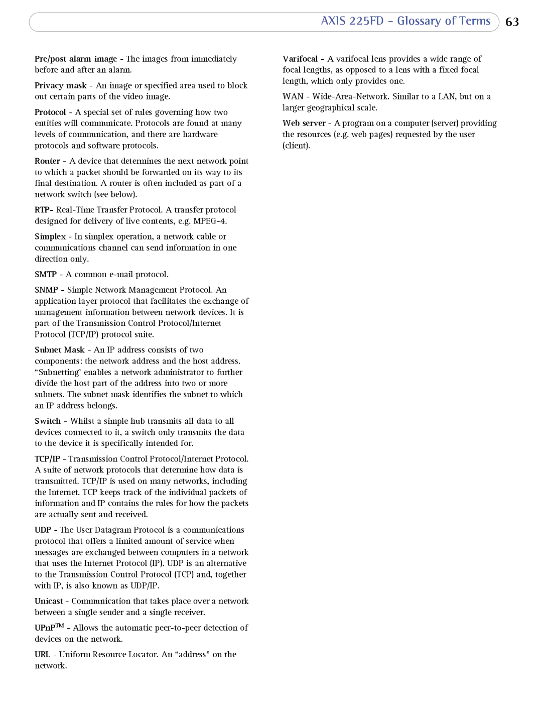 Axis Communications AXIS 225FD user manual Axis 225FD Glossary of Terms 