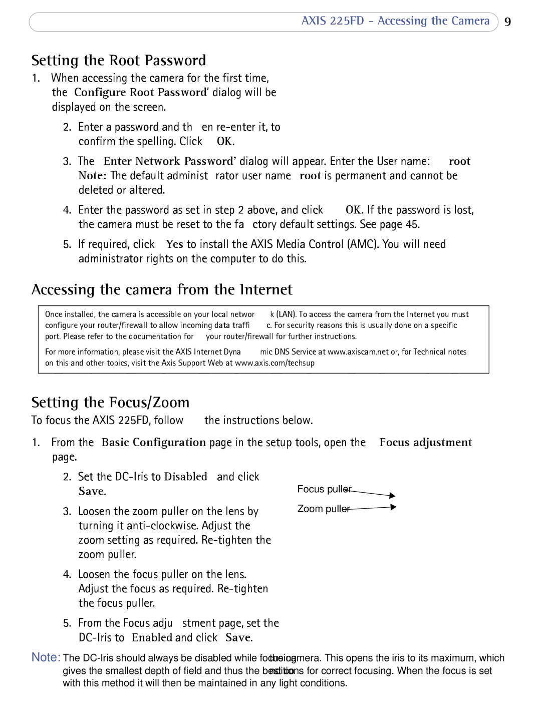 Axis Communications AXIS 225FD Setting the Root Password, Accessing the camera from the Internet, Setting the Focus/Zoom 