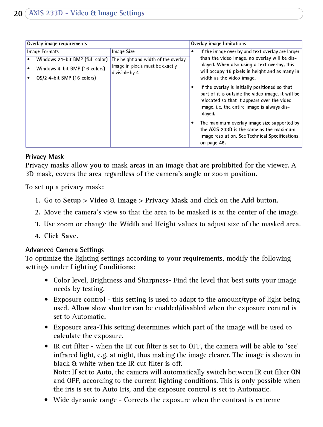 Axis Communications AXIS 233D user manual Privacy Mask, Advanced Camera Settings 