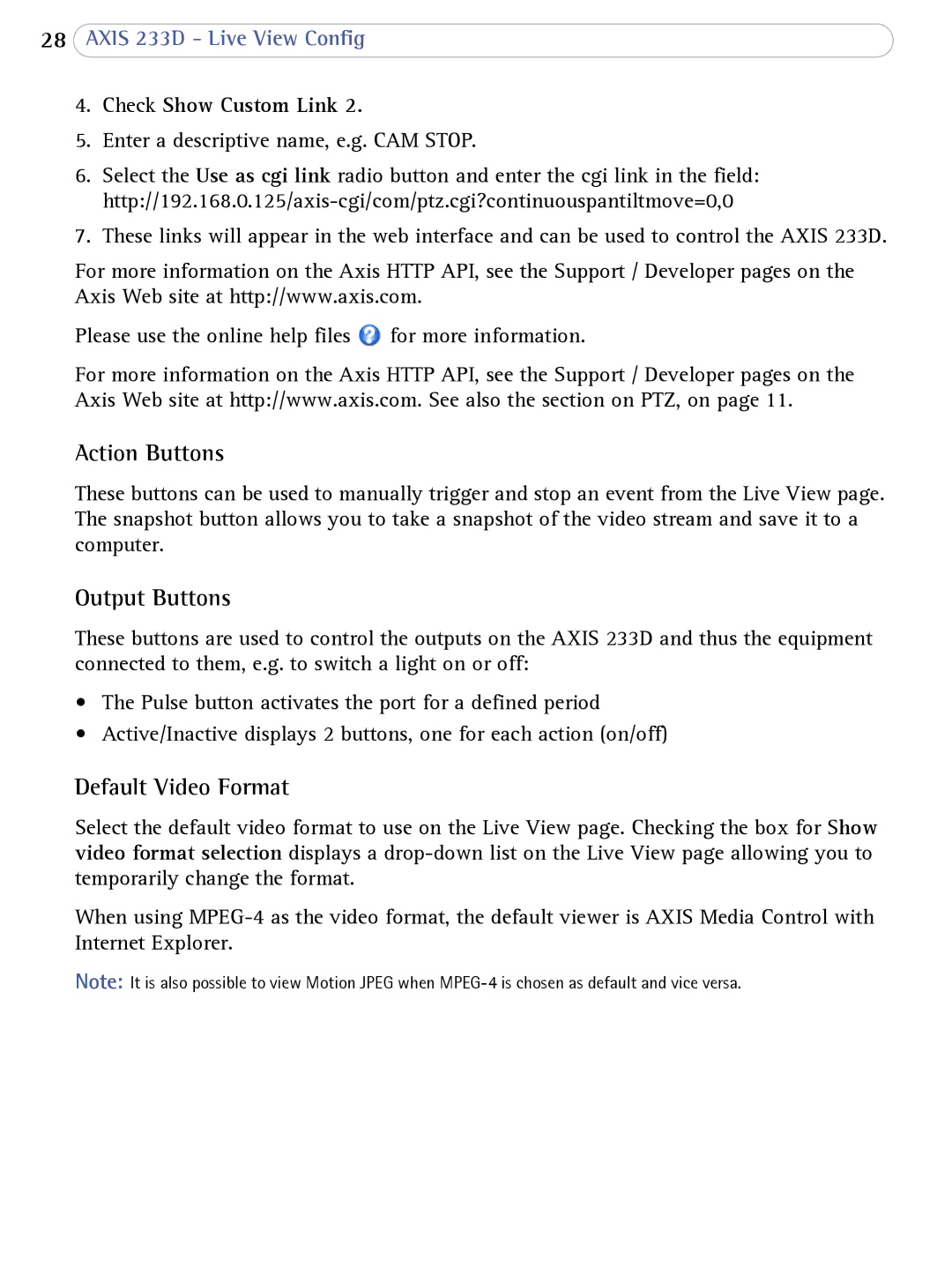 Axis Communications AXIS 233D user manual Action Buttons 