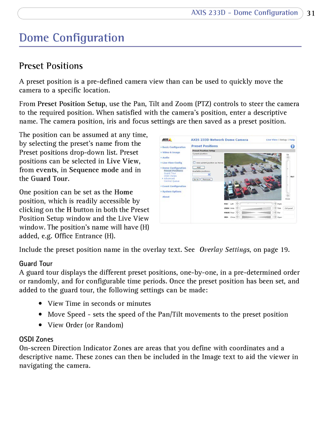 Axis Communications AXIS 233D user manual Dome Configuration, Preset Positions, Guard Tour, Osdi Zones 