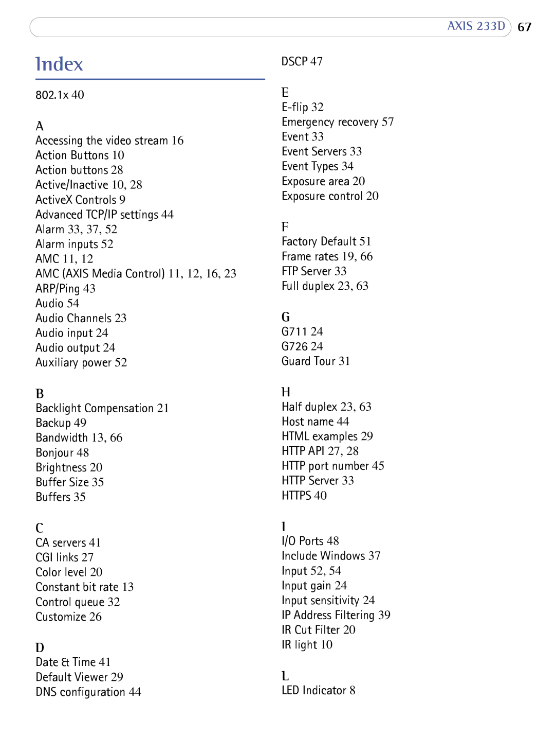 Axis Communications AXIS 233D user manual Index, 802.1x 