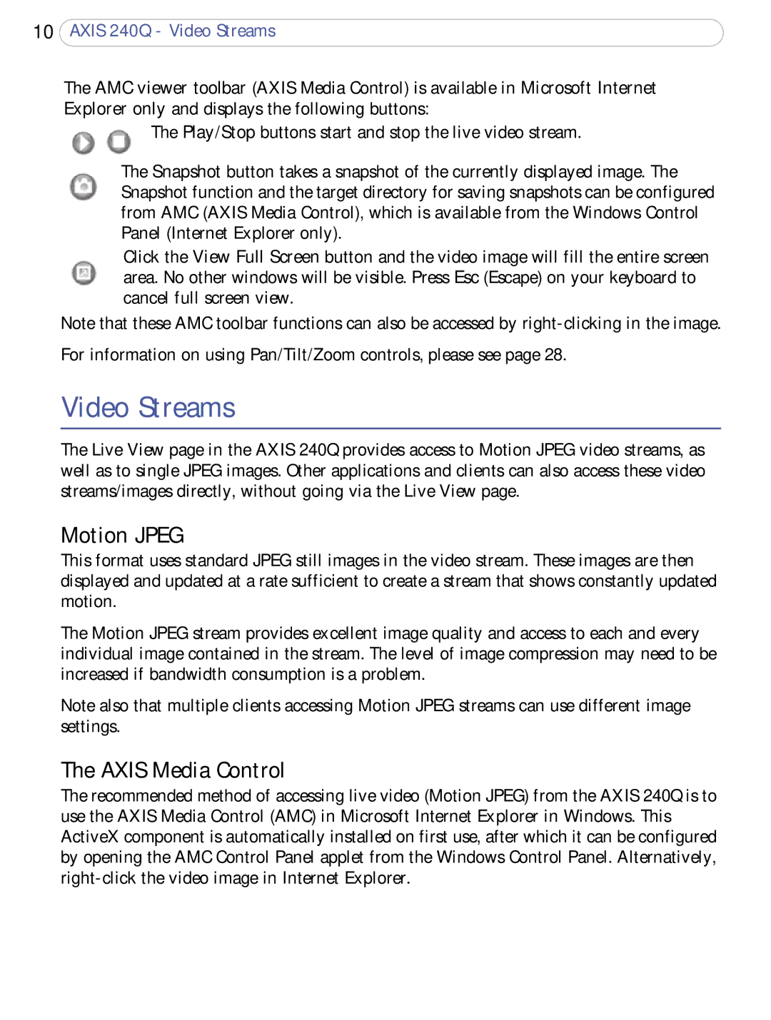 Axis Communications AXIS 240Q user manual Video Streams, Motion Jpeg, Axis Media Control 