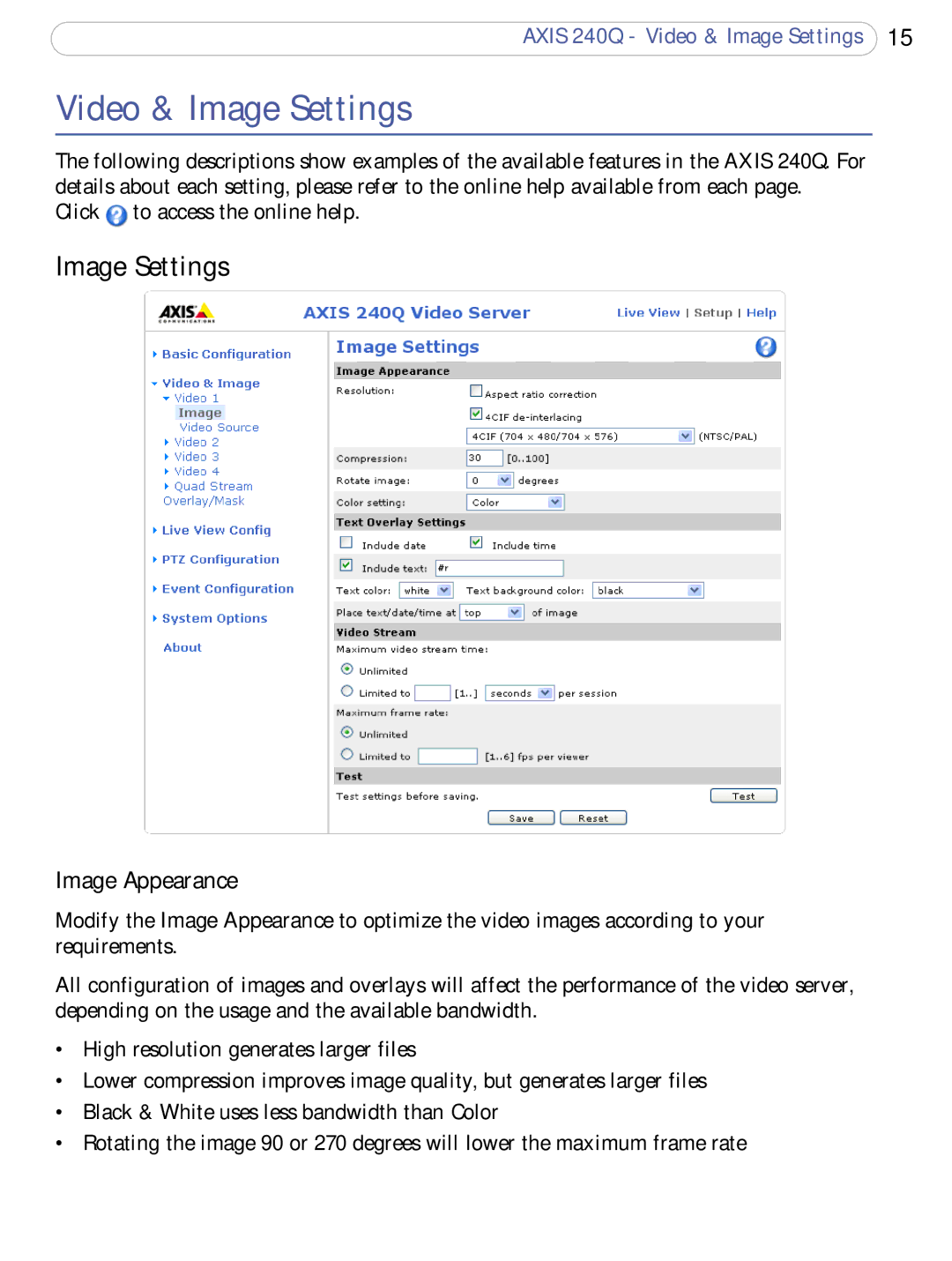 Axis Communications AXIS 240Q user manual Video & Image Settings, Image Appearance 